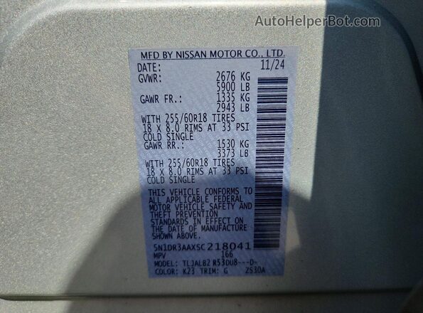 5N1DR3AAXSC218041 2025 NISSAN PATHFINDER Silver VIN կոդի պիտակի տեսք