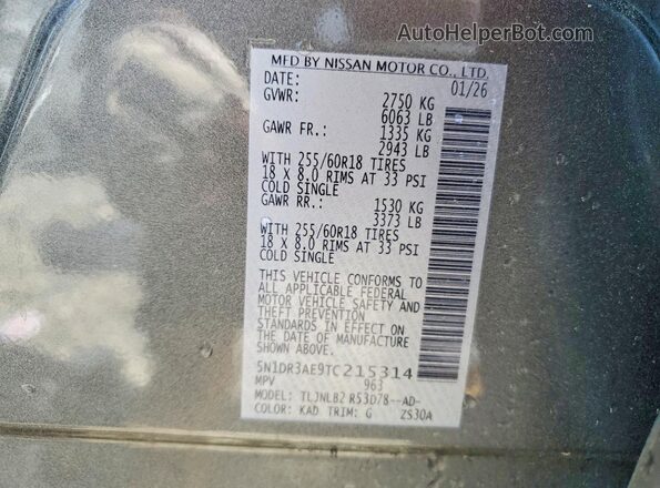 5N1DR3AE9TC215314 2026 NISSAN PATHFINDER Gray Вид наклейки з VIN-кодом