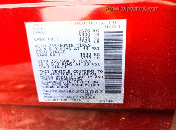 5N1DR3BA2RC202067 2024 NISSAN PATHFINDER Red Vista de la etiqueta del VIN