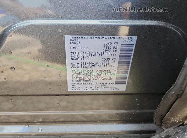 5N1DR3BA3SC248416 2025 NISSAN PATHFINDER Gray VIN კოდის სტიკერის ხედი