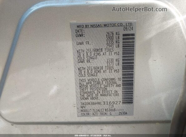 5N1DR3BA4RC316927 2024 NISSAN PATHFINDER Серебряный Вид подкапотного пространства