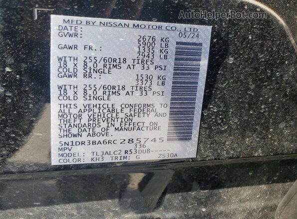 5N1DR3BA6RC285745 2024 NISSAN PATHFINDER Black Вид наклейки з VIN-кодом