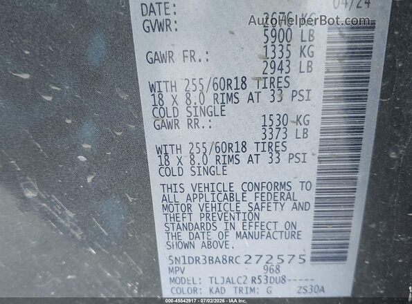 5N1DR3BA8RC272575 2024 NISSAN PATHFINDER Gray Engine compartment view