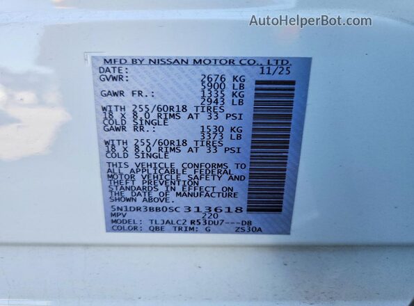 5N1DR3BB0SC313618 2025 NISSAN PATHFINDER White VIN კოდის სტიკერის ხედი