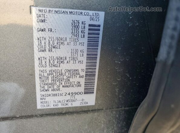 5N1DR3BB1SC249900 2025 NISSAN PATHFINDER Серый Вид наклейки с VIN-кодом