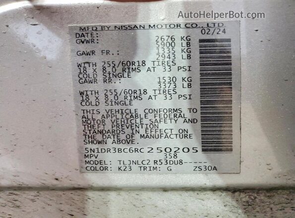 5N1DR3BC6RC250205 2024 NISSAN PATHFINDER Silver Vista de la etiqueta del VIN