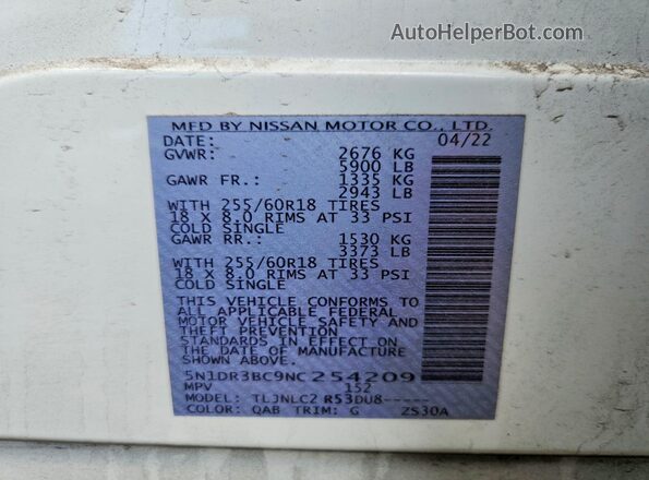 5N1DR3BC9NC254209 2022 NISSAN PATHFINDER White Vista del compartimento del motor