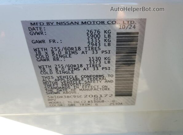 5N1DR3BC9SC206172 2025 NISSAN PATHFINDER White VIN sticker view