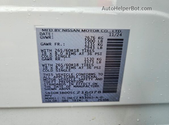 5N1DR3BD0SC216078 2025 NISSAN PATHFINDER White Widok naklejki z numerem VIN