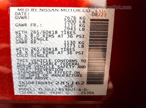 5N1DR3BD4SC285162 2025 NISSAN PATHFINDER Red Widok wnętrza 360 stopni