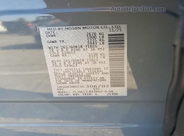 5N1DR3BD7SC306702 2025 NISSAN PATHFINDER Gray VIN sticker view