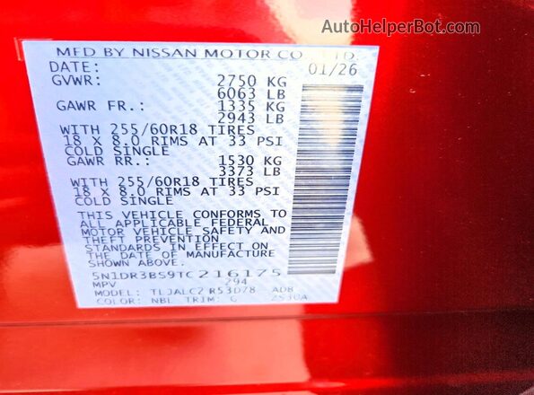 5N1DR3BS9TC216175 2026 NISSAN PATHFINDER Red Vista de la etiqueta del VIN