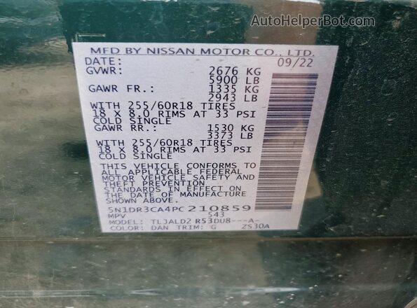5N1DR3CA4PC210859 2023 NISSAN PATHFINDER Зеленый Вид наклейки с VIN-кодом