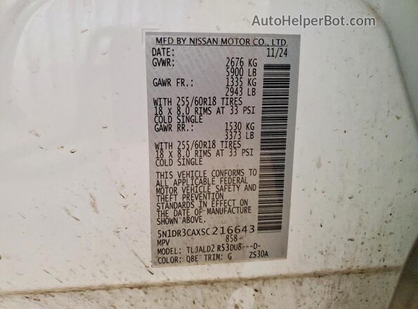 5N1DR3CAXSC216643 2025 NISSAN PATHFINDER White Vista de la etiqueta del VIN