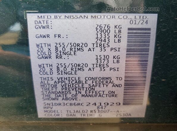 5N1DR3CB6RC241929 2024 NISSAN PATHFINDER Green Widok naklejki z numerem VIN