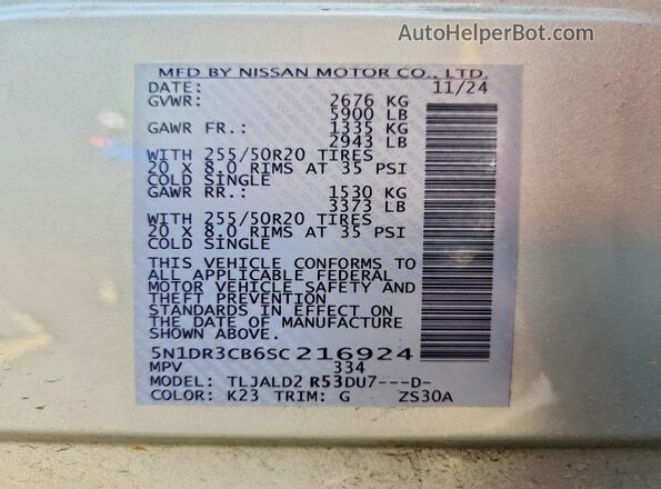 5N1DR3CB6SC216924 2025 NISSAN PATHFINDER Silver Widok naklejki z numerem VIN