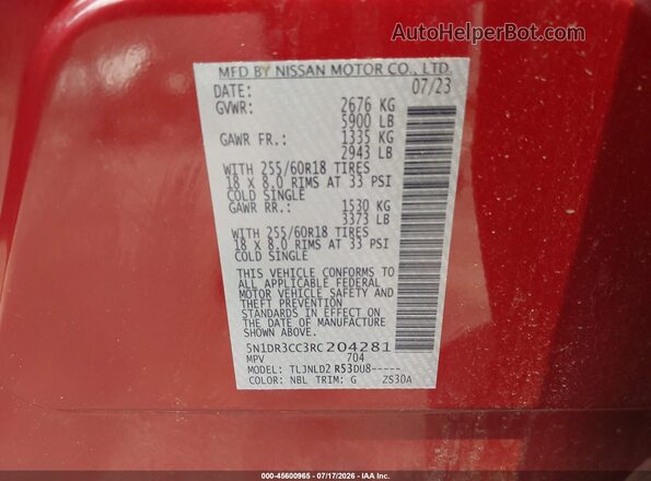 5N1DR3CC3RC204281 2024 NISSAN PATHFINDER Red Vista de la etiqueta del VIN