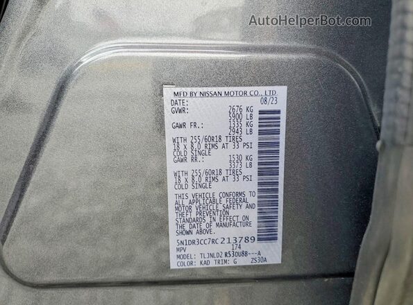5N1DR3CC7RC213789 2024 NISSAN PATHFINDER Gray VIN კოდის სტიკერის ხედი