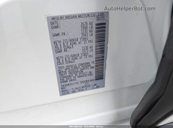 5N1DR3CC7SC309640 2025 NISSAN PATHFINDER White Вид підкапотного простору