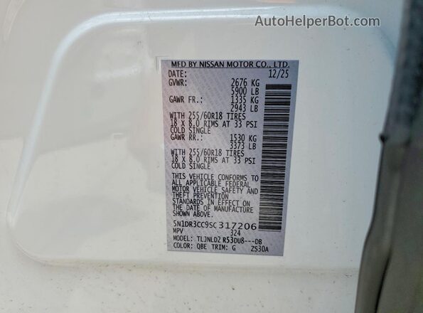 5N1DR3CC9SC317206 2025 NISSAN PATHFINDER White Vista de la etiqueta del VIN