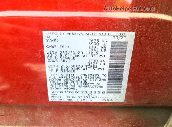 5N1DR3CD1PC213356 2023 NISSAN PATHFINDER Maroon VIN կոդի պիտակի տեսք