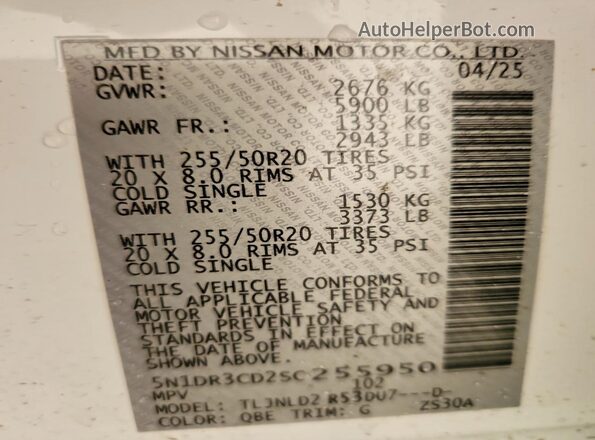 5N1DR3CD2SC255950 2025 NISSAN PATHFINDER White Widok naklejki z numerem VIN
