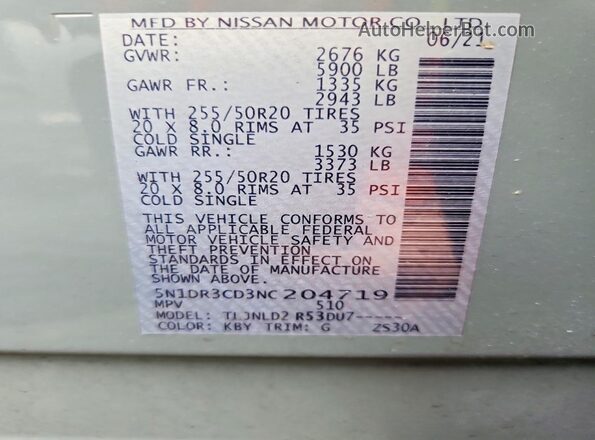 5N1DR3CD3NC204719 2022 NISSAN PATHFINDER Gray VIN sticker view