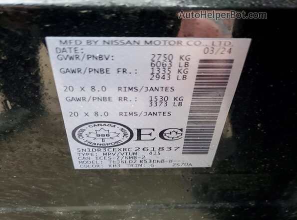 5N1DR3CEXRC261837 2024 NISSAN PATHFINDER Black VIN կոդի պիտակի տեսք