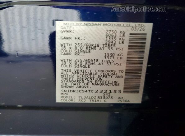 5N1DR3CS4TC232153 2026 NISSAN PATHFINDER Синий Вид наклейки с VIN-кодом