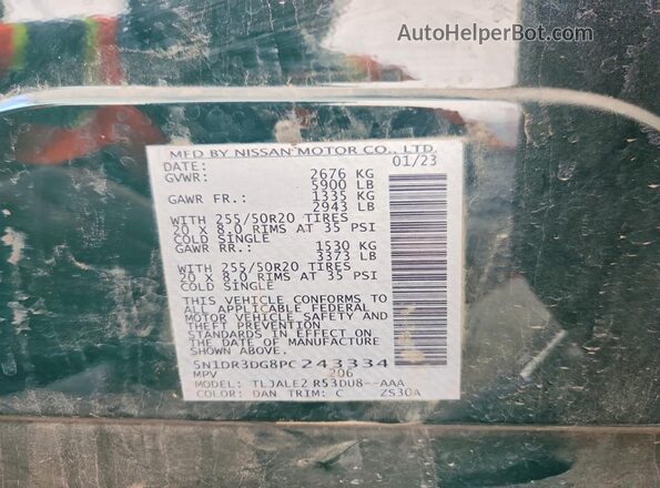 5N1DR3DG8PC243334 2023 NISSAN PATHFINDER Green Vista de la etiqueta del VIN