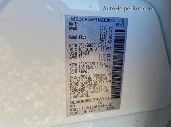 5N1DR3DJ0SC292631 2025 NISSAN PATHFINDER White Vista de la etiqueta del VIN