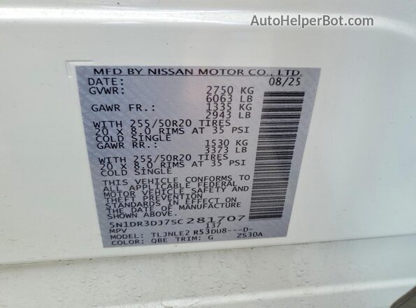 5N1DR3DJ7SC281707 2025 NISSAN PATHFINDER White VIN sticker view