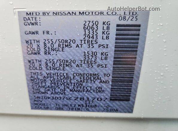 5N1DR3DJ7SC281707 2025 NISSAN PATHFINDER White Widok naklejki z numerem VIN