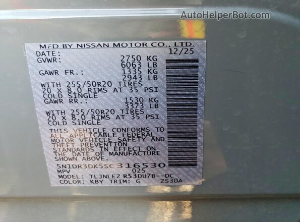 5N1DR3DK5SC316530 2025 NISSAN PATHFINDER Gray VIN კოდის სტიკერის ხედი