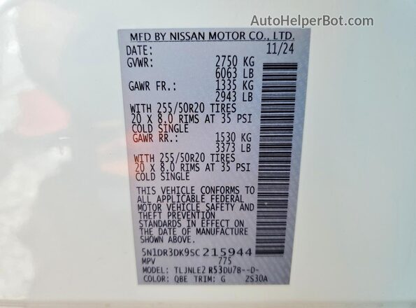 5N1DR3DK9SC215944 2025 NISSAN PATHFINDER White Vista interior de 360 grados