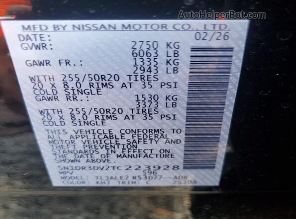 5N1DR3DV2TC223928 2026 NISSAN PATHFINDER Black Вид наклейки з VIN-кодом