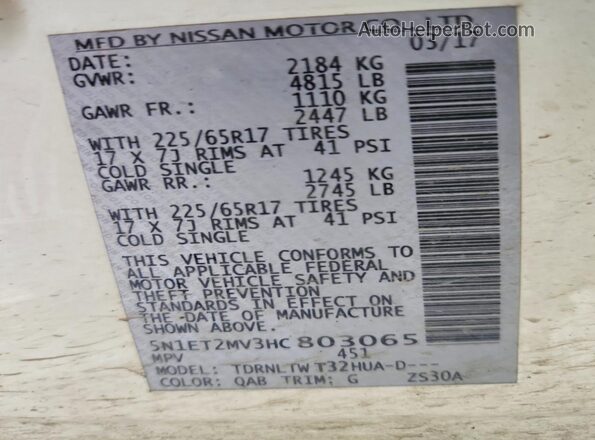 5N1ET2MV3HC803065 2017 NISSAN ROGUE White VIN sticker view
