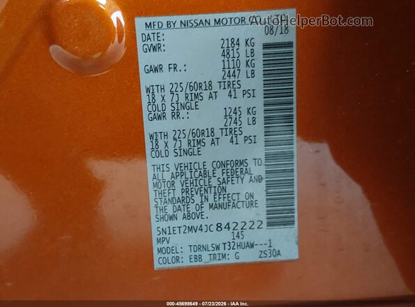 5N1ET2MV4JC842222 2018 NISSAN ROGUE HYBRID Orange Շարժիչի բաժամունքի տեսք