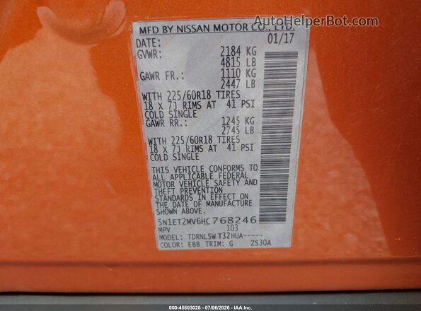 5N1ET2MV6HC768246 2017 NISSAN ROGUE HYBRID Orange Vista del compartimento del motor