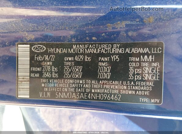 5NMJA3AE4NH096462 2022 HYUNDAI TUCSON Blue ძრავის განყოფილების ხედი