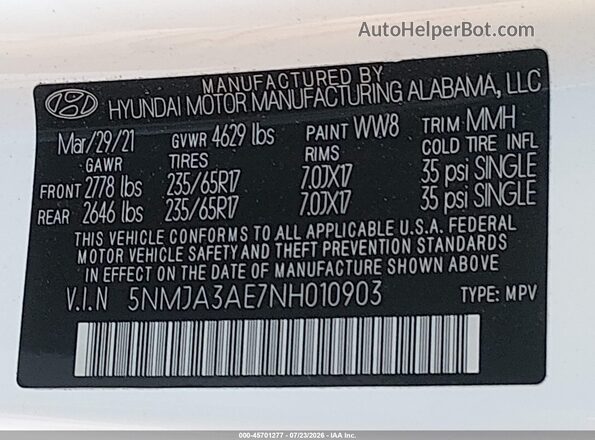 5NMJA3AE7NH010903 2022 HYUNDAI TUCSON White Widok komory silnika