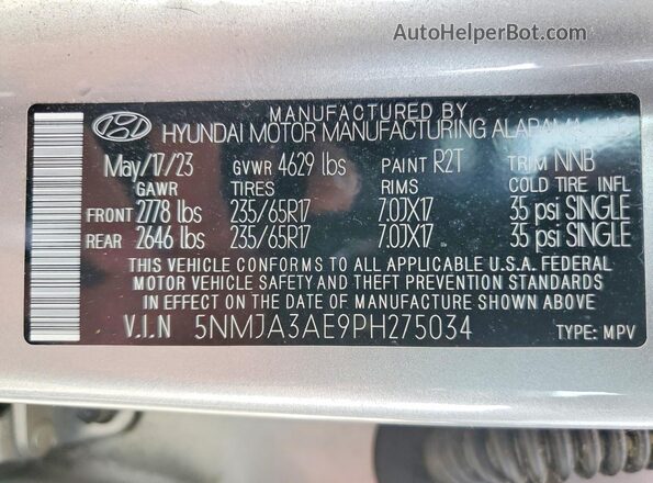 5NMJA3AE9PH275034 2023 HYUNDAI TUCSON Silver Панорамний вид салону 360°