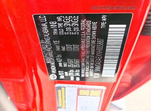5NMJA3AEXNH005887 2022 HYUNDAI TUCSON Red Vista de la etiqueta del VIN