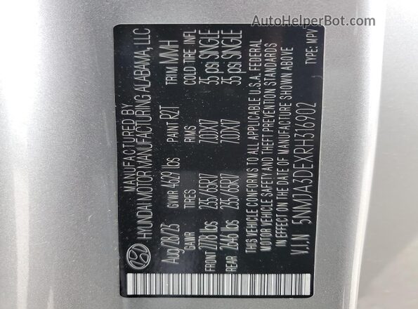 5NMJA3DEXRH316902 2024 HYUNDAI TUCSON Silver Vista interior de 360 grados