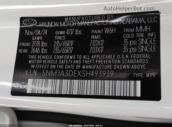 5NMJA3DEXSH493939 2025 HYUNDAI TUCSON White Widok komory silnika