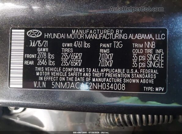 5NMJACAE2NH034008 2022 HYUNDAI TUCSON Gray Вид підкапотного простору