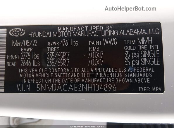5NMJACAE2NH104896 2022 HYUNDAI TUCSON White Widok komory silnika