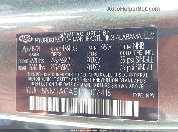 5NMJACAE4NH016416 2022 HYUNDAI TUCSON Gray Vista del compartimento del motor