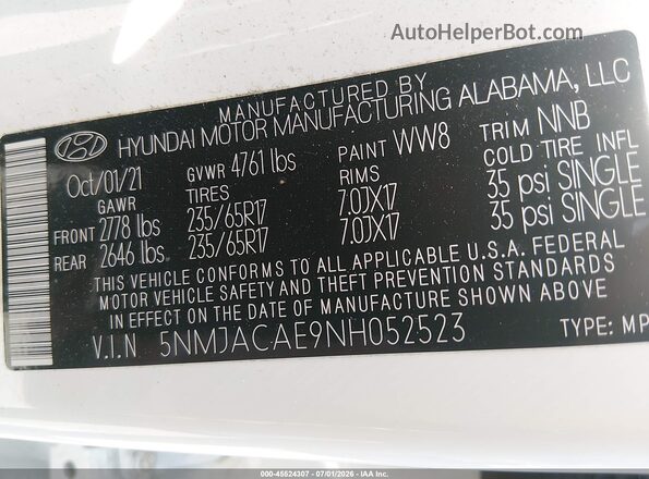 5NMJACAE9NH052523 2022 HYUNDAI TUCSON White Engine compartment view