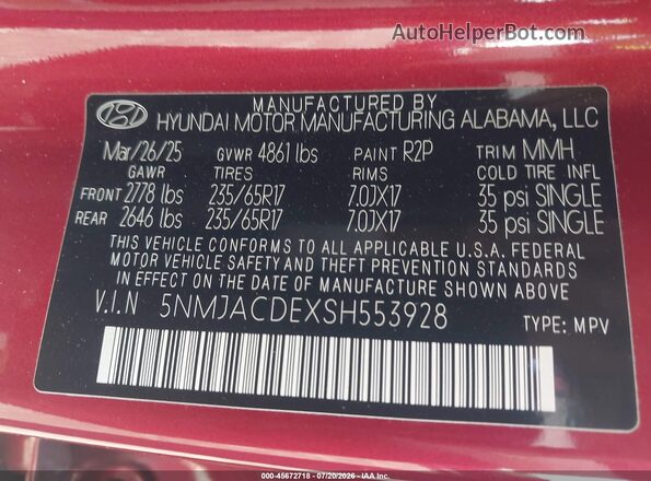 5NMJACDEXSH553928 2025 HYUNDAI TUCSON Red Engine compartment view